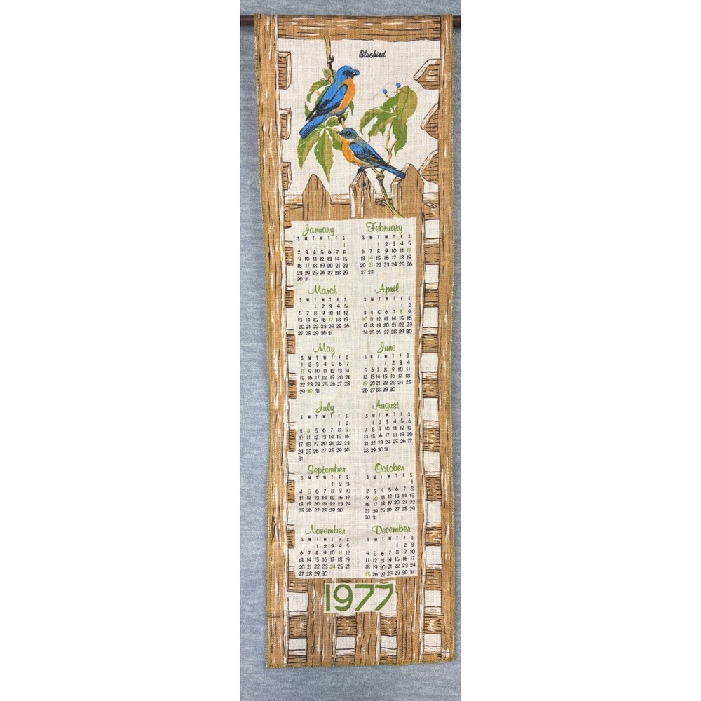 Vintage 1977 Linen Wall Hanging Calendar Bluebird Bird Fence Nature Retro Decor